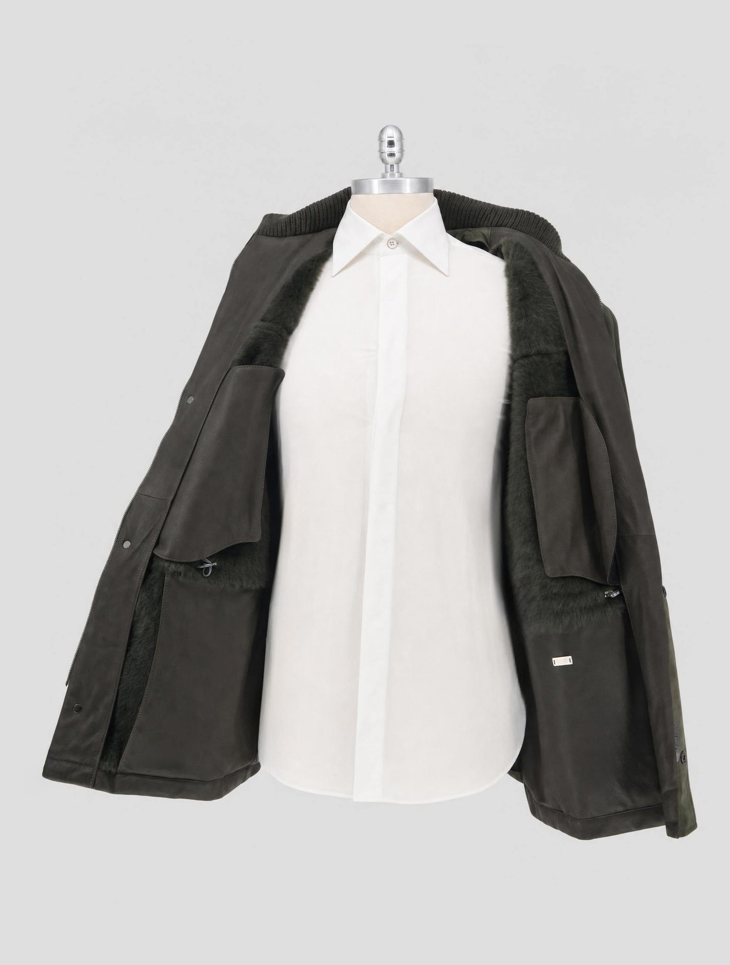 Kiton Green Leather Shearling Coat
