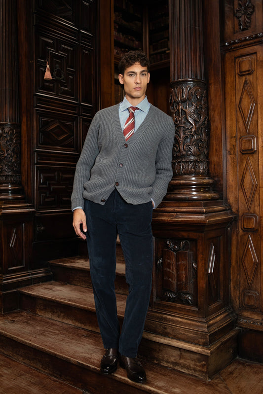 Kiton grey knit wool cardigan jacket with navy corduroy trousers, full-length view
