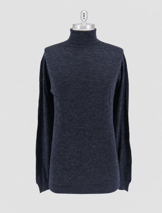 Kiton Blue Silk Cashmere Linen Sweater Turtleneck