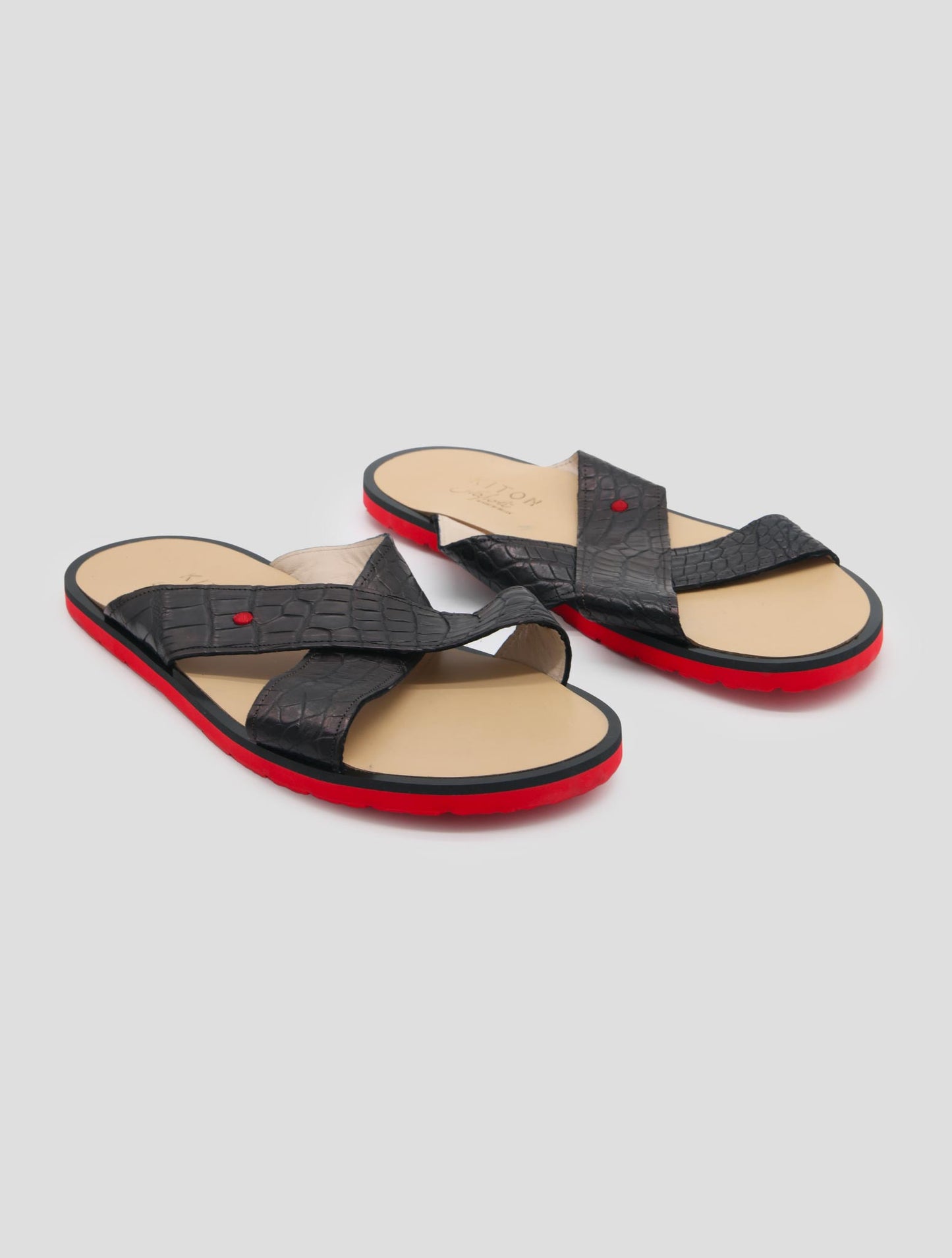 Kiton Black Leather Crocodile Sandals