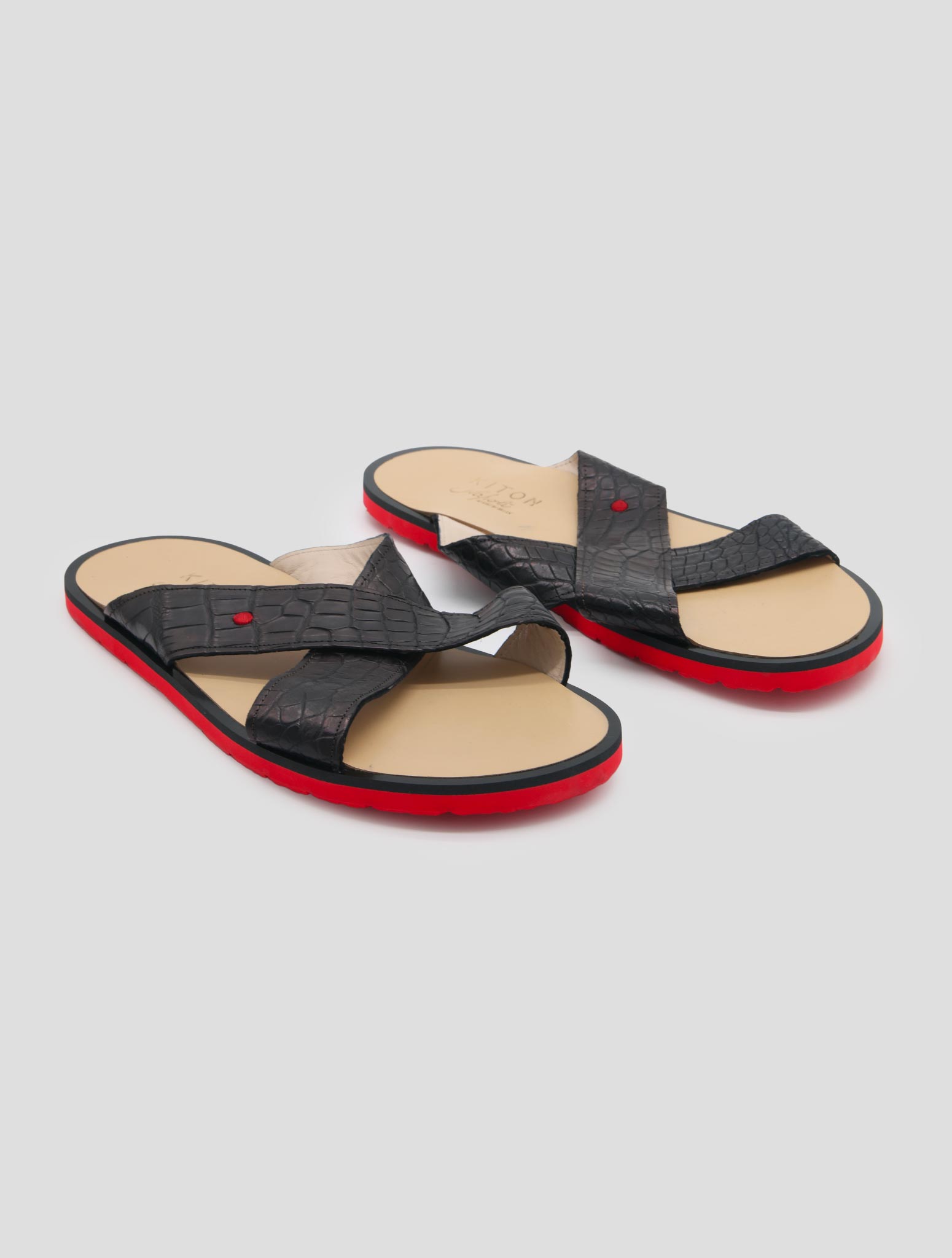 Kiton Black Leather Crocodile Sandals