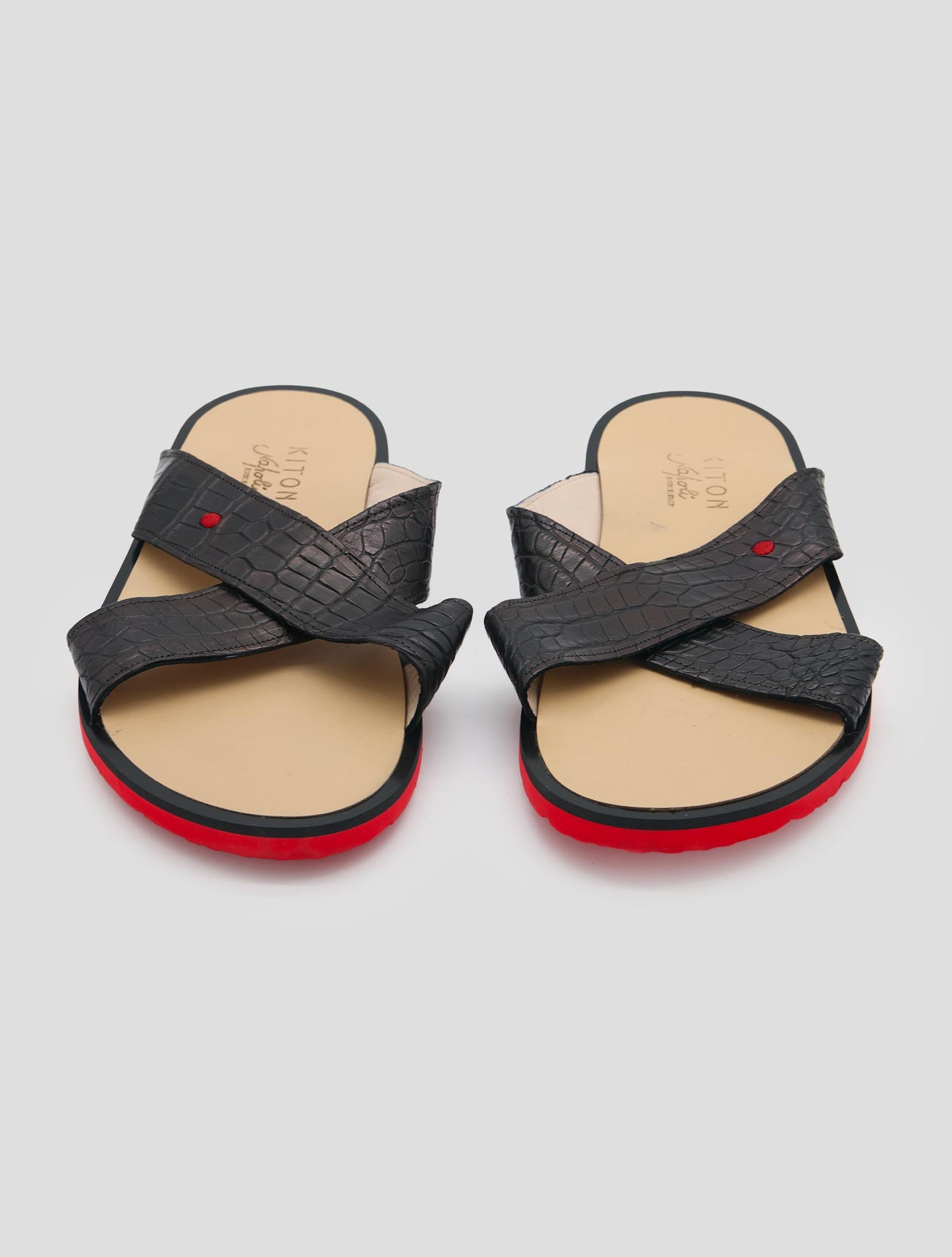 Kiton Black Leather Crocodile Sandals