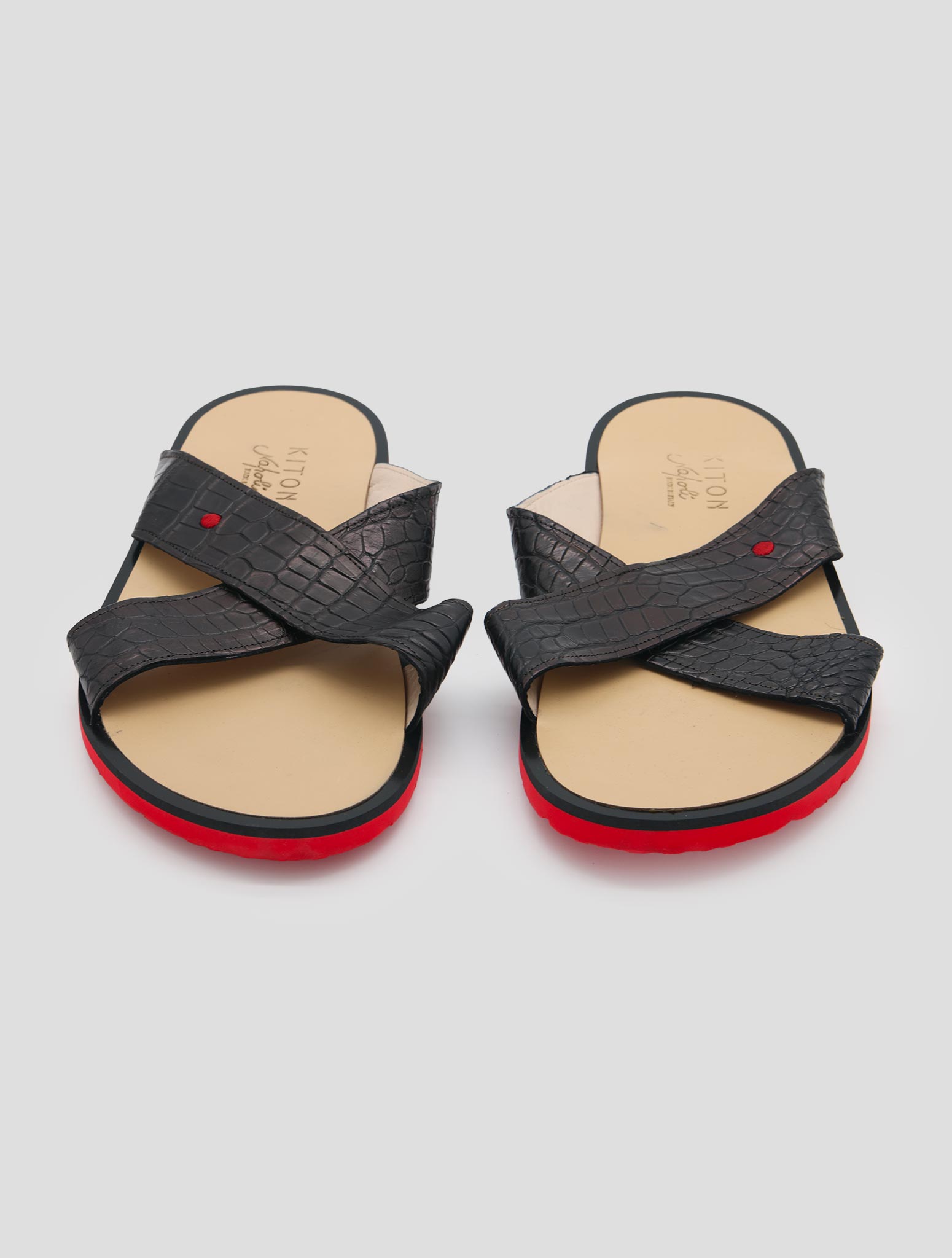 Kiton Black Leather Crocodile Sandals
