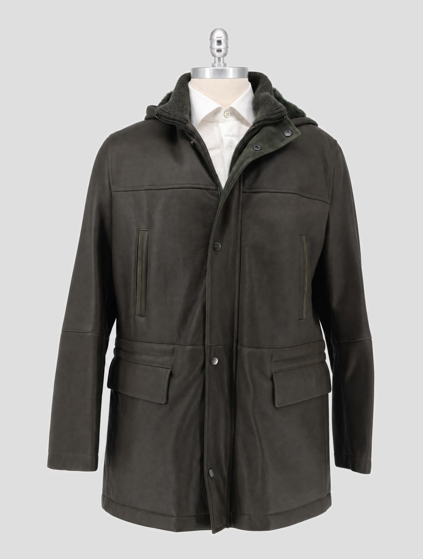 Kiton Green Leather Shearling Coat