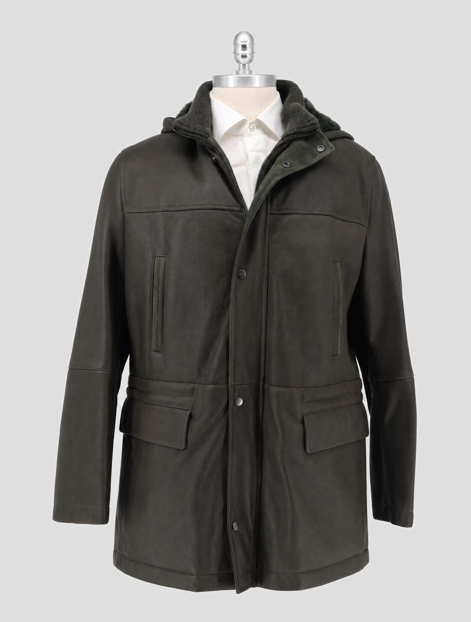 Kiton Green Leather Shearling Coat