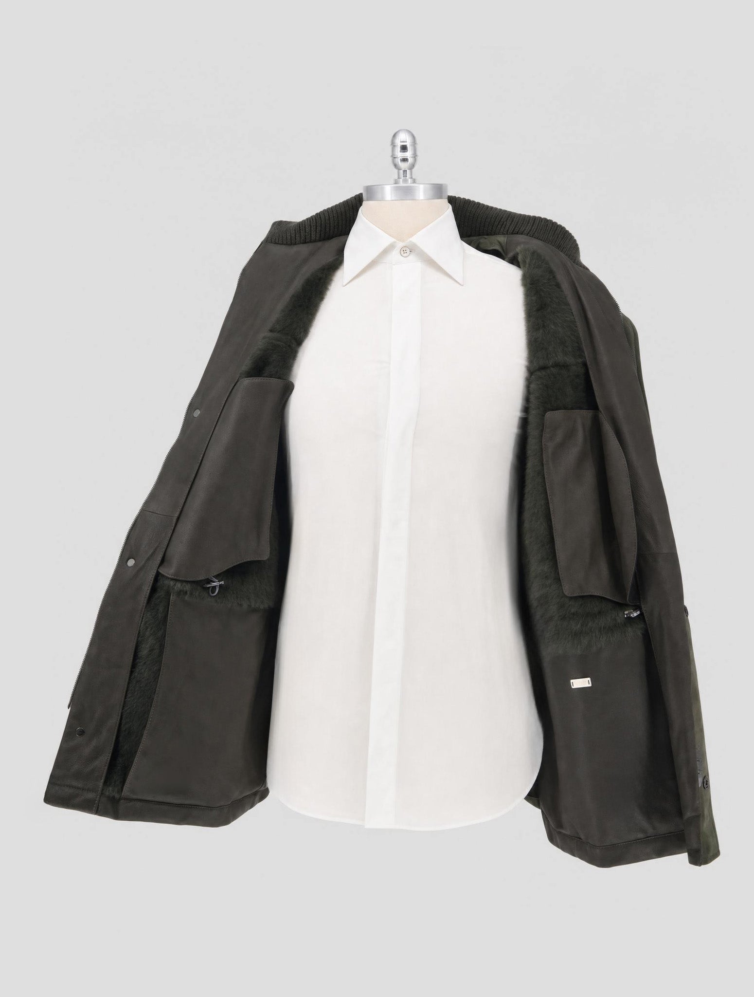 Kiton Green Leather Shearling Coat