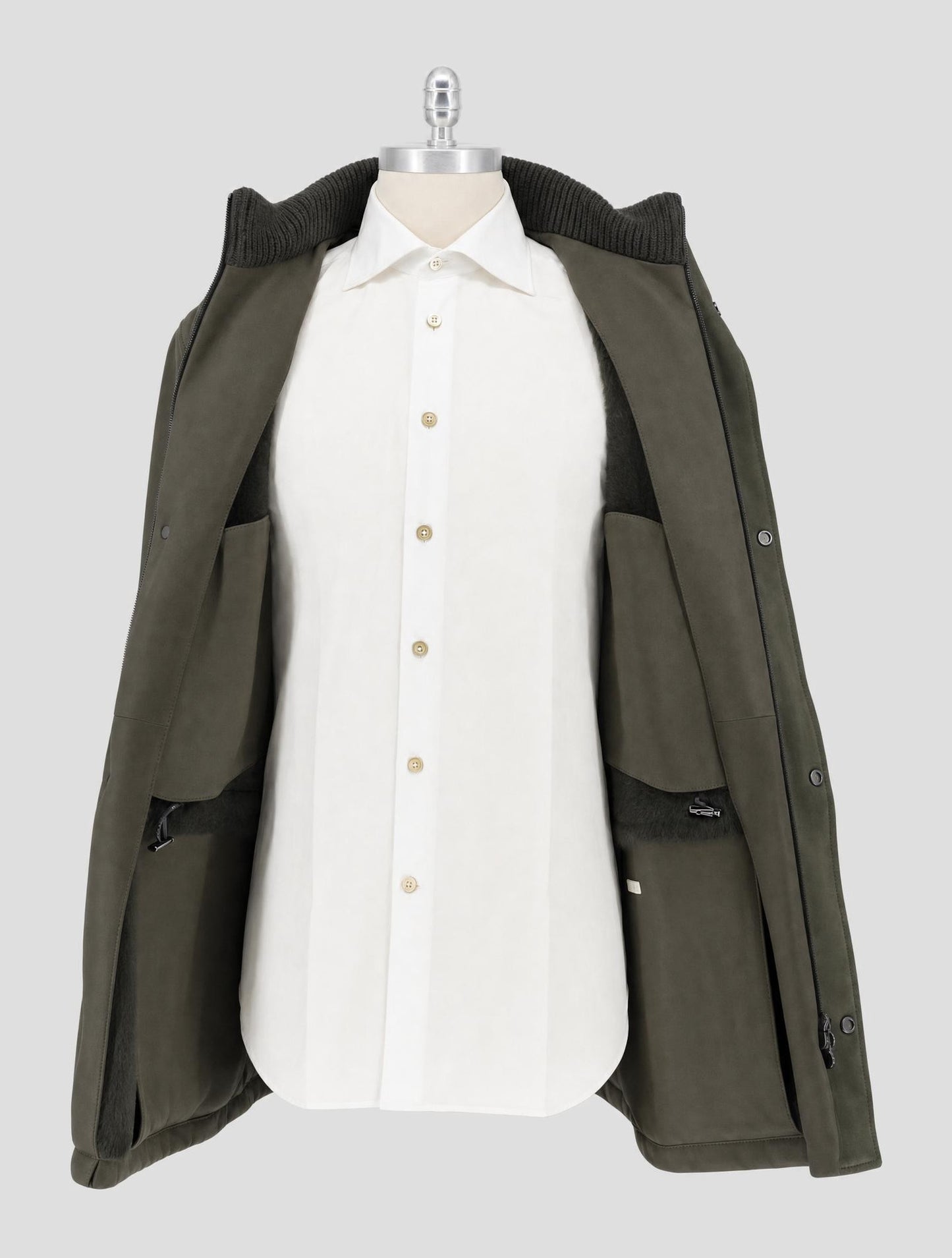 Kiton Green Leather Shearling Coat