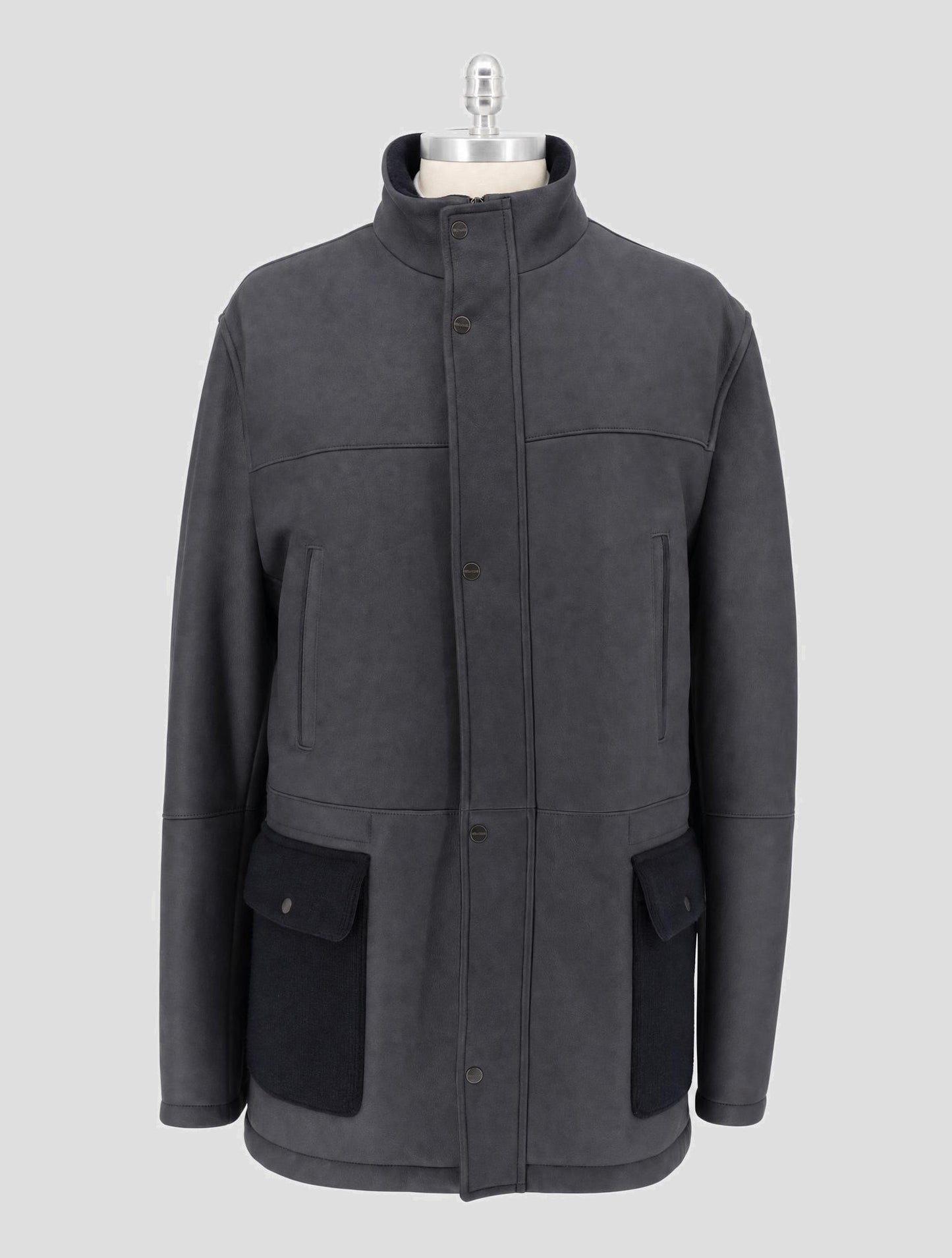 Kiton Blue Leather Shearling Overcoat