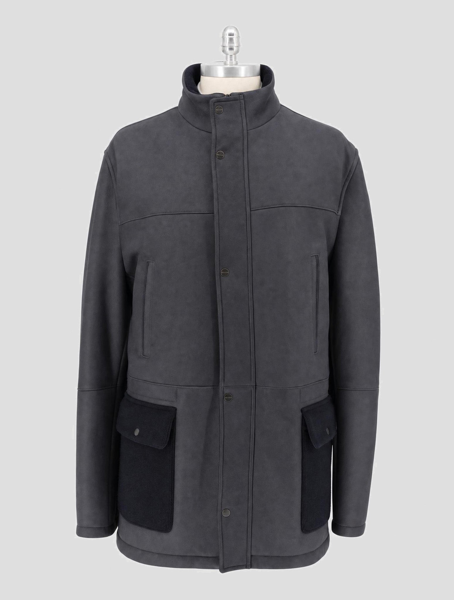 Kiton Blue Leather Shearling Overcoat