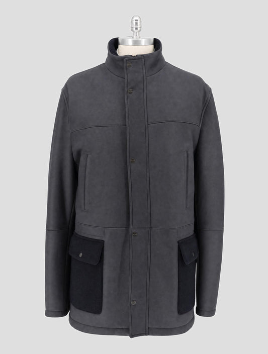 Kiton Blue Leather Shearling Overcoat