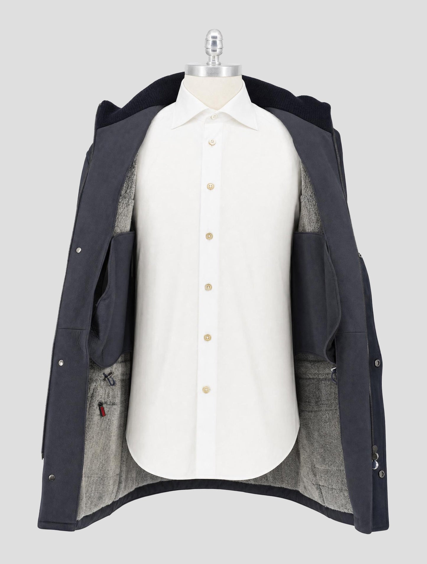 Kiton Blue Leather Shearling Overcoat