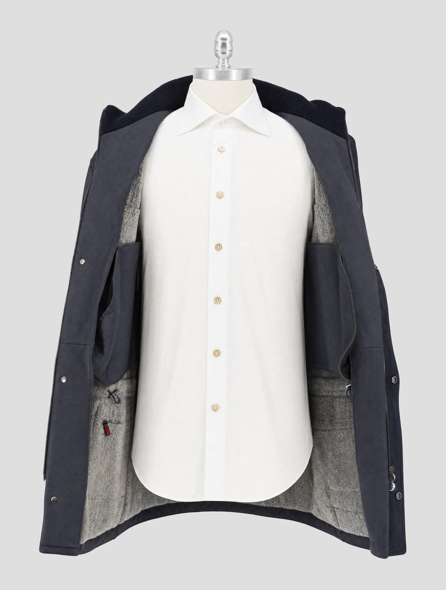 Kiton Blue Leather Shearling Overcoat