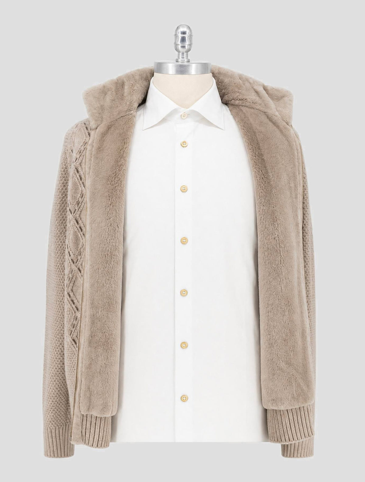 Kiton Beige Cashmere Mink Fur Sweater Full Zip