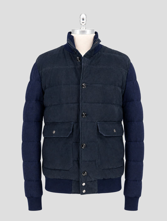 Kiton Blue Leather Suede Cashmere Coat