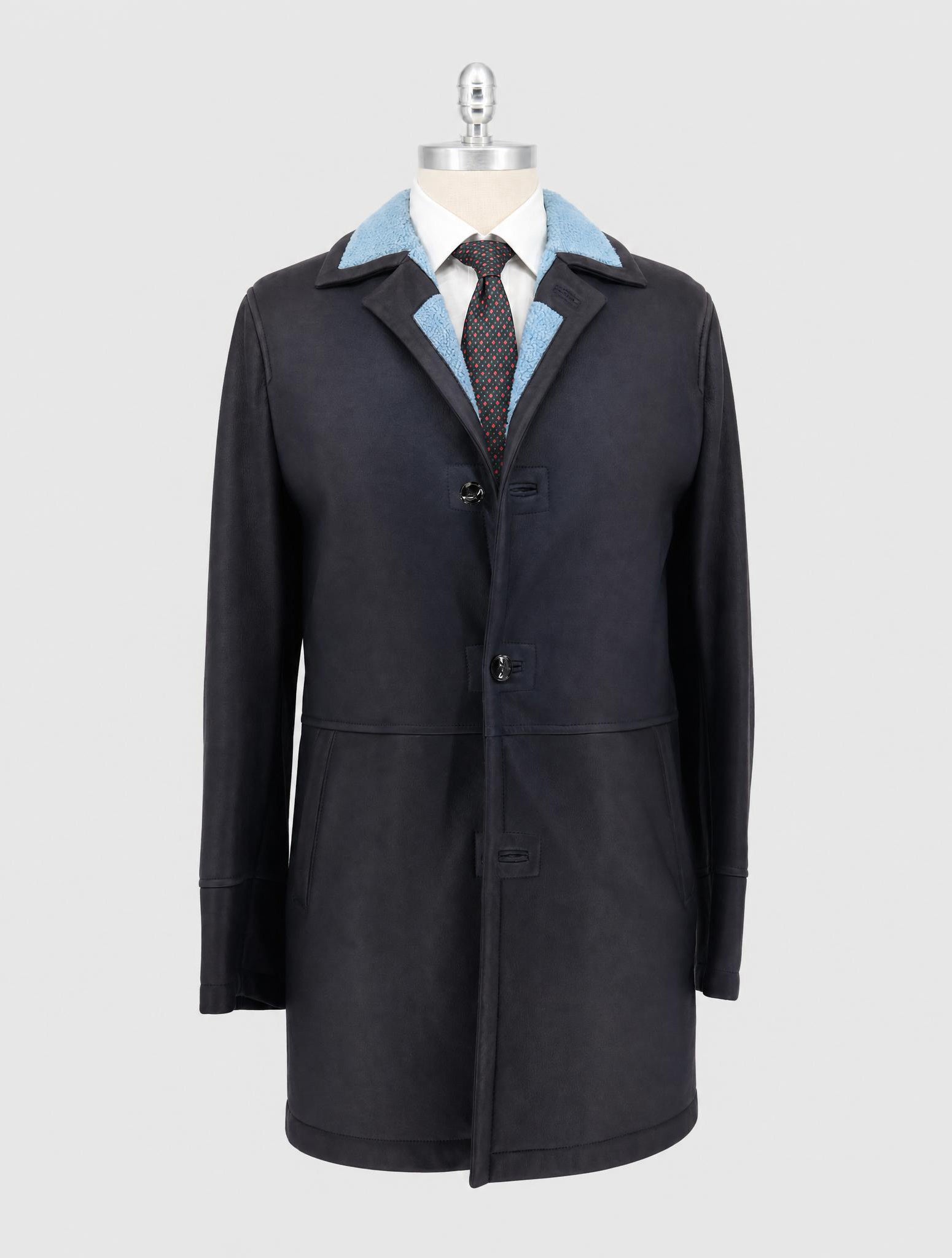 Kiton Blue Leather Shearling Coat