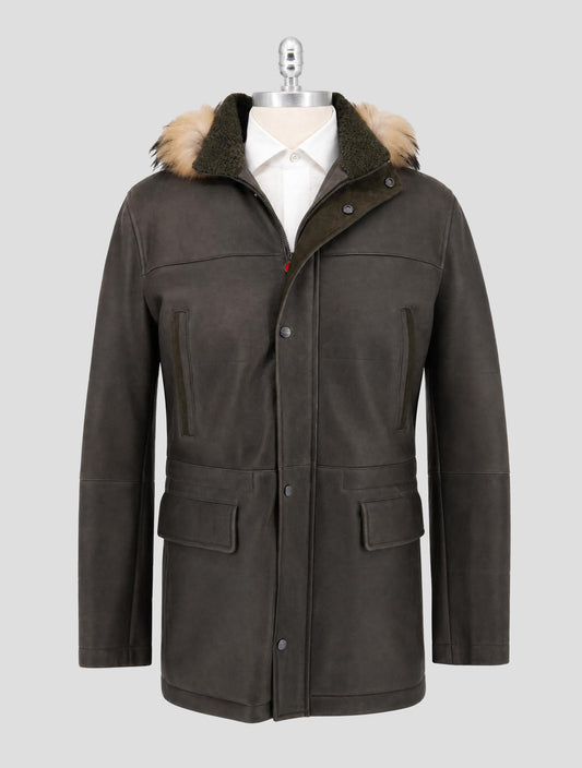 Kiton Green Leather Shearling Murmasky Fur Coat